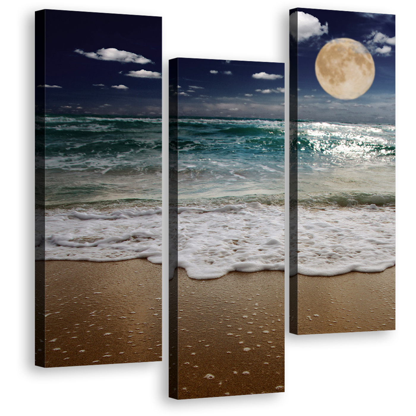 Night Sky Canvas Print, Green Sea Beach Sand 3 Piece Multiple Canvas, Blue Evening Full Moon Waves Wall Art