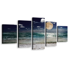 Load image into Gallery viewer, Night Sky Wall Art, Green Evening Beach Sand 5 Piece Multi Canvas, Blue Night Moon Waves Canvas Print
