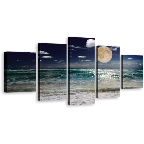 Night Sky Wall Art, Green Evening Beach Sand 5 Piece Multi Canvas, Blue Night Moon Waves Canvas Print