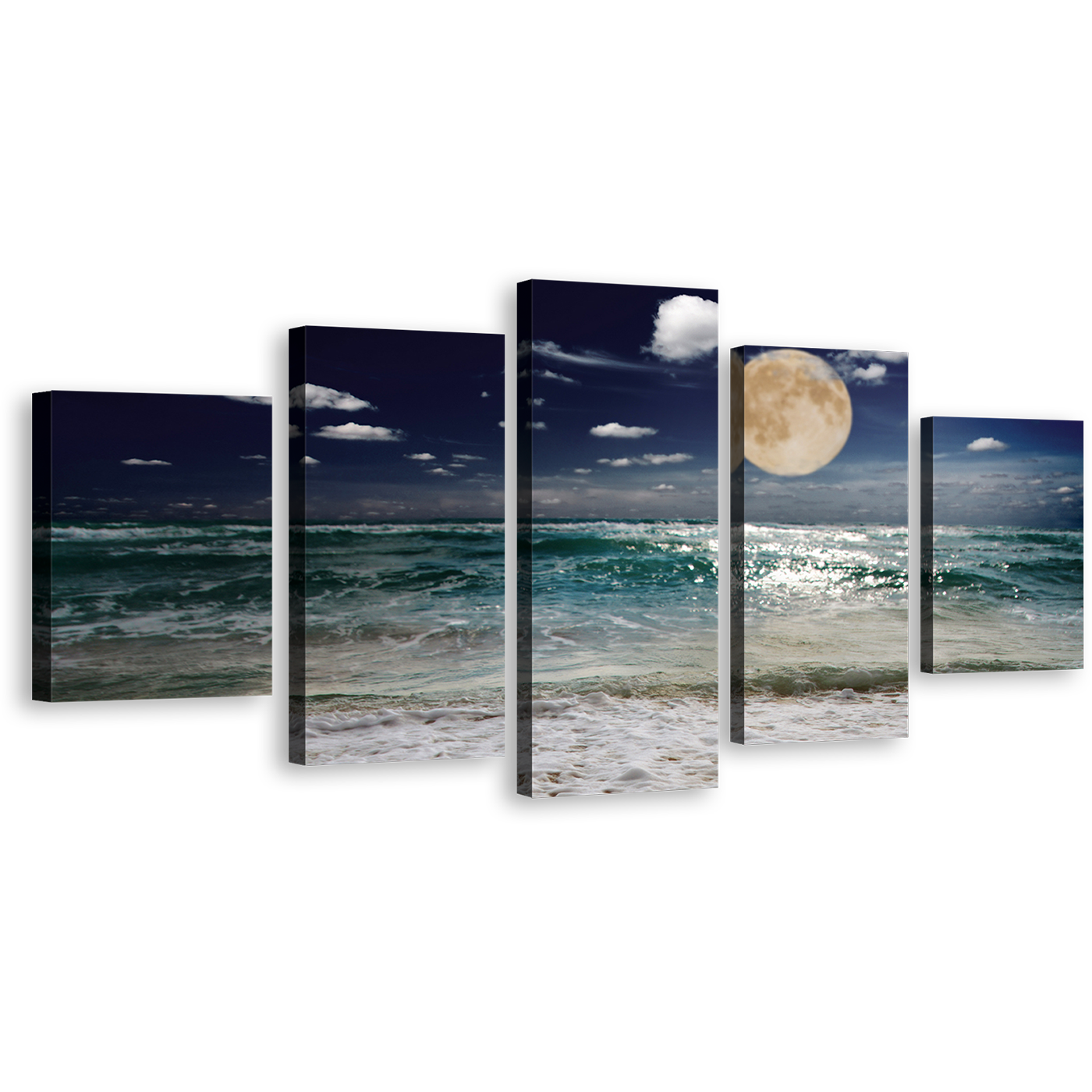 Night Sky Wall Art, Green Evening Beach Sand 5 Piece Multi Canvas, Blue Night Moon Waves Canvas Print