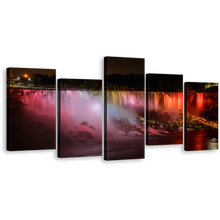 Load image into Gallery viewer, Night Waterfall Wall Art, Red Orange Niagara Falls 5 Piece Canvas Print, Canada Lights Canvas Set
