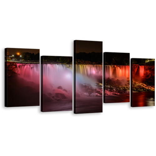 Night Waterfall Wall Art, Red Orange Niagara Falls 5 Piece Canvas Print, Canada Lights Canvas Set