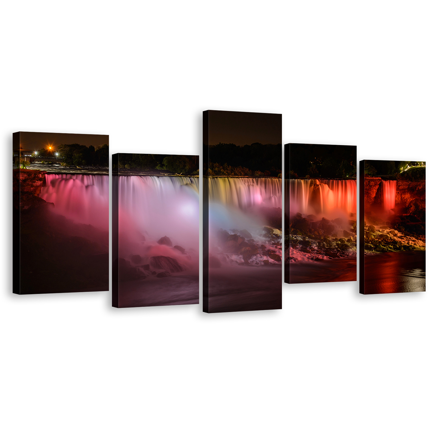 Night Waterfall Wall Art, Red Orange Niagara Falls 5 Piece Canvas Print, Canada Lights Canvas Set