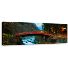 Load image into Gallery viewer, Nikko City Canvas Wall Art, Yellow Mountain Lights Nature Scenery Wide Canvas, Blue Clear Water Forest Panoramic Canvas Print, Japan Red Shinkyo Bridge Canvas Artwork
