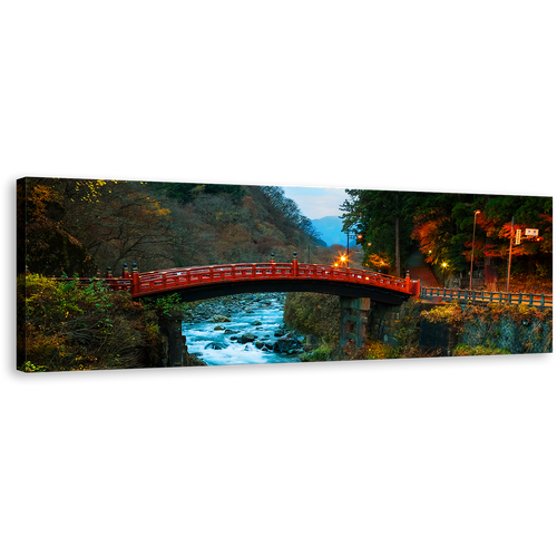 Nikko City Canvas Wall Art, Yellow Mountain Lights Nature Scenery Wide Canvas, Blue Clear Water Forest Panoramic Canvas Print, Japan Red Shinkyo Bridge Canvas Artwork