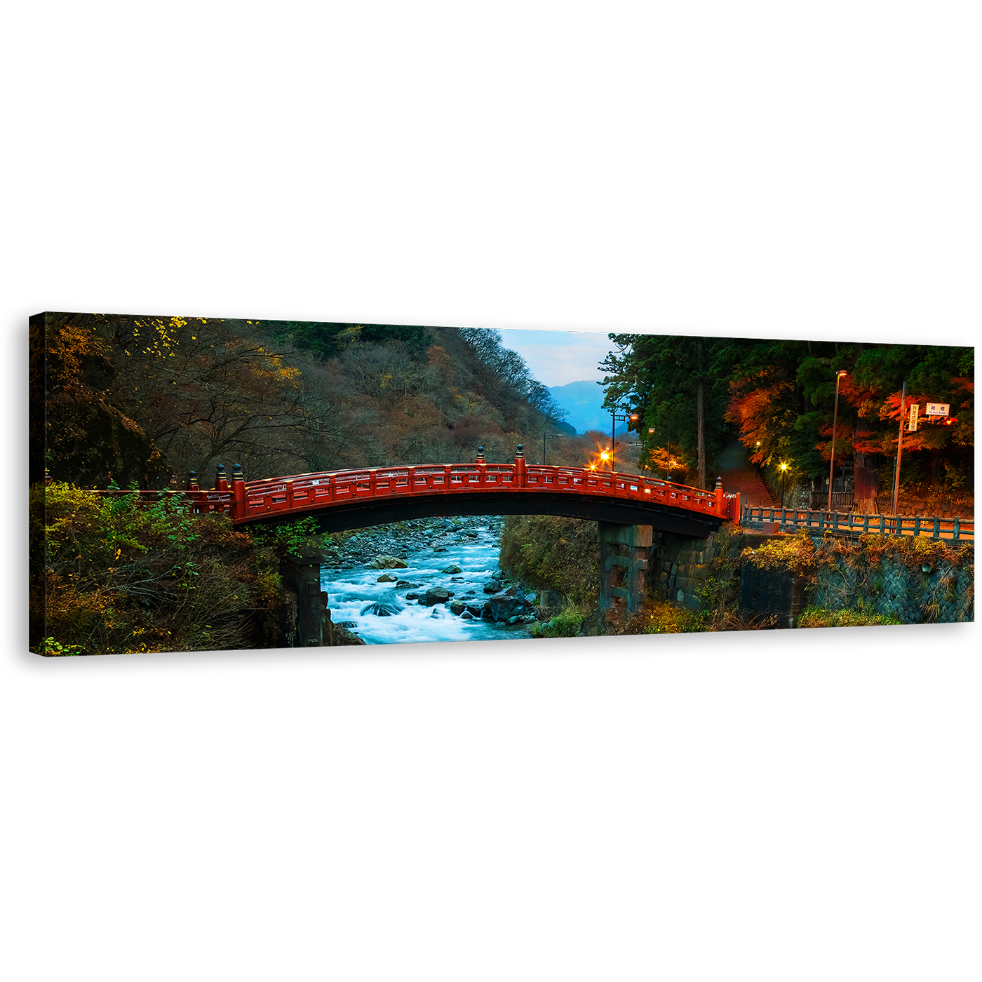 Nikko City Canvas Wall Art, Yellow Mountain Lights Nature Scenery Wide Canvas, Blue Clear Water Forest Panoramic Canvas Print, Japan Red Shinkyo Bridge Canvas Artwork