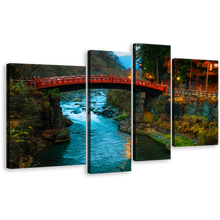 Load image into Gallery viewer, Nikko Japan Canvas Wall Art, Red Shinkyo Bridge Nature Scenery Canvas Set, Green Mountains Trees Landscape 4 Piece Canvas Print, Blue Clear Water Forest Multi Canvas
