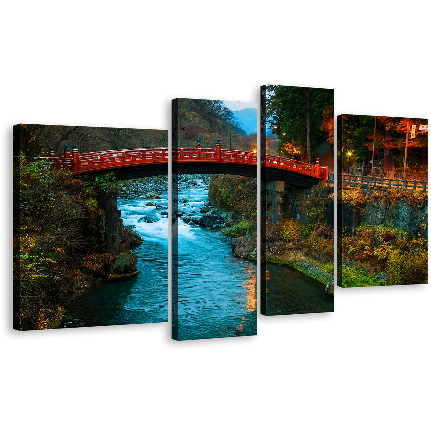 Nikko Japan Canvas Wall Art, Red Shinkyo Bridge Nature Scenery Canvas Set, Green Mountains Trees Landscape 4 Piece Canvas Print, Blue Clear Water Forest Multi Canvas