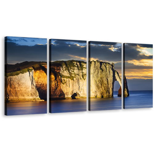 Normandy France Canvas Wall Art, Yellow Ocean Mountains 4 Piece Canvas Print, Falaise d'Amont Cliff Beach Canvas Set, Blue Etretat Ocean Multiple Canvas