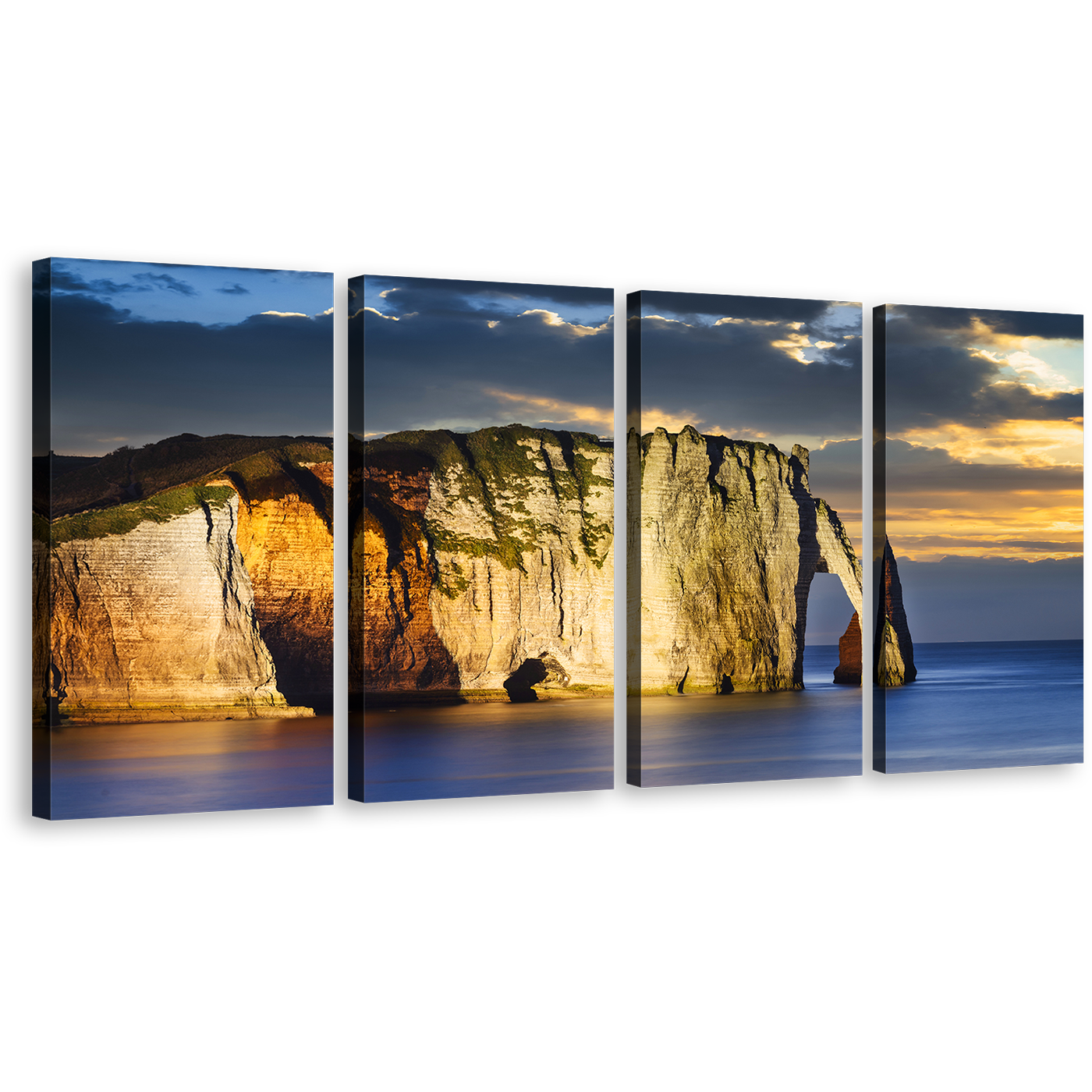 Normandy France Canvas Wall Art, Yellow Ocean Mountains 4 Piece Canvas Print, Falaise d'Amont Cliff Beach Canvas Set, Blue Etretat Ocean Multiple Canvas