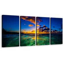 Load image into Gallery viewer, North Shore of Oahu Canvas Wall Art, Yellow Hawaiian Cloudy Sunset 4 Piece Canvas Print, Sea Green Hawaiian Ocean Multi Canvas Artwork, Blue Ocean Sky Canvas Set
