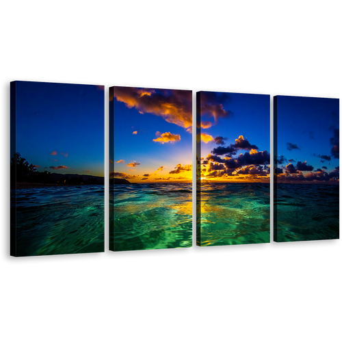 North Shore of Oahu Canvas Wall Art, Yellow Hawaiian Cloudy Sunset 4 Piece Canvas Print, Sea Green Hawaiian Ocean Multi Canvas Artwork, Blue Ocean Sky Canvas Set