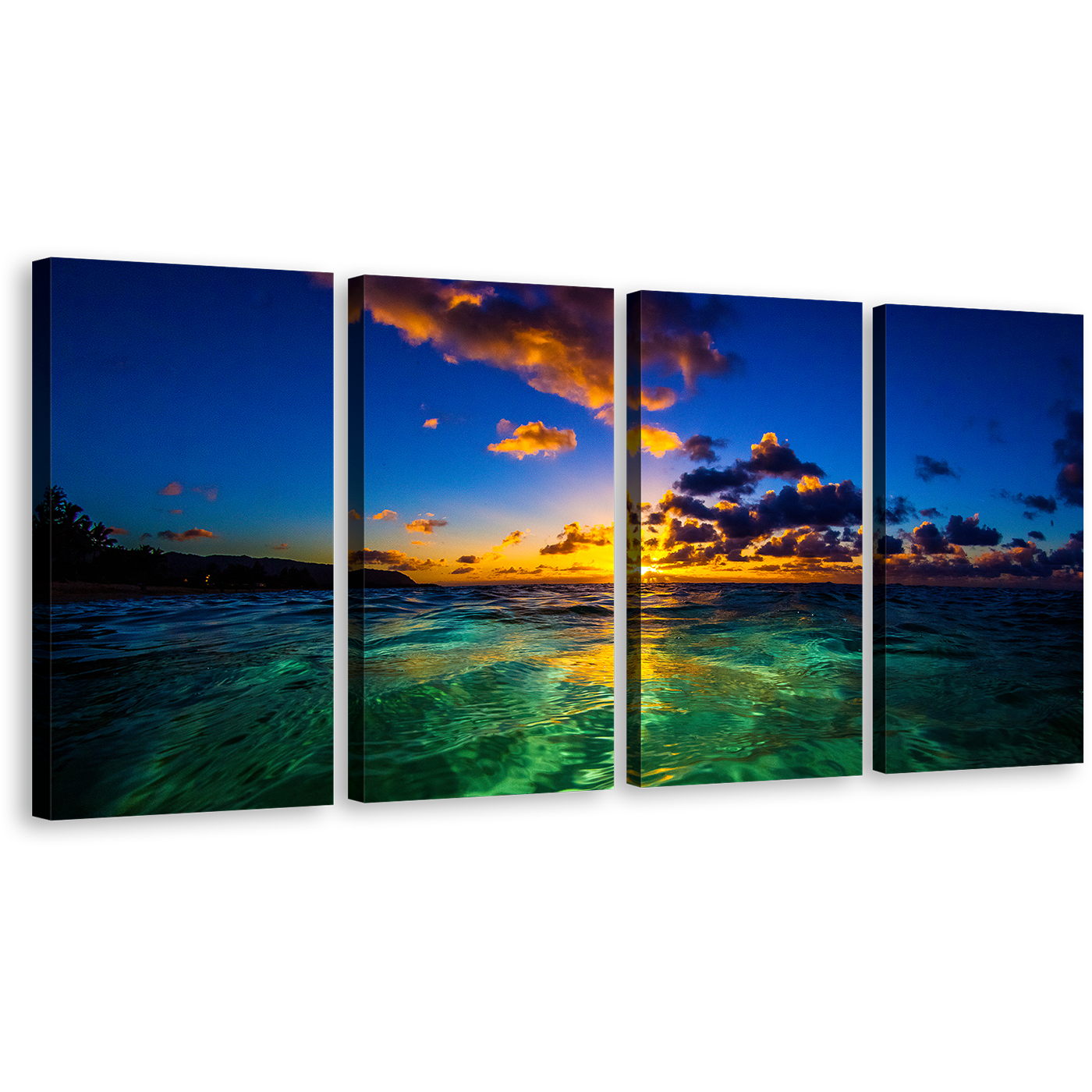 North Shore of Oahu Canvas Wall Art, Yellow Hawaiian Cloudy Sunset 4 Piece Canvas Print, Sea Green Hawaiian Ocean Multi Canvas Artwork, Blue Ocean Sky Canvas Set