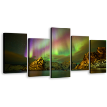 Load image into Gallery viewer, Northern Lights Canvas Print, Enchanting Lilandstinden Purple Green Aurora Canvas Set, Amazing Lofoten Islands 5 Piece Canvas Wall Art
