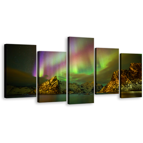 Northern Lights Canvas Print, Enchanting Lilandstinden Purple Green Aurora Canvas Set, Amazing Lofoten Islands 5 Piece Canvas Wall Art