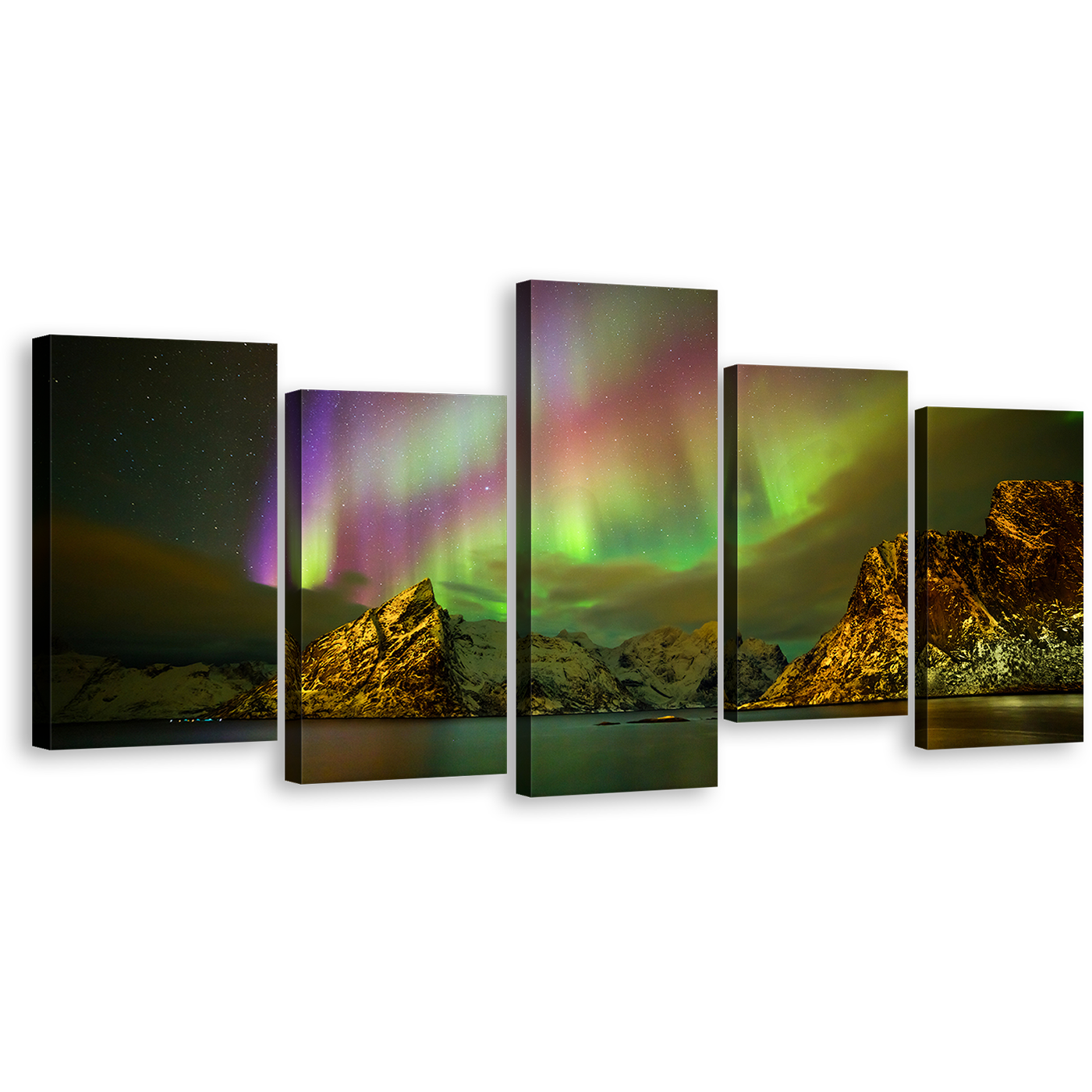 Northern Lights Canvas Print, Enchanting Lilandstinden Purple Green Aurora Canvas Set, Amazing Lofoten Islands 5 Piece Canvas Wall Art