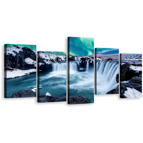 Northern Lights Canvas Wall Art, Blue Gofafoss Waterfall in Iceland Canvas Set, Skjalfandafljot River Waterfall 5 Piece Canvas Print