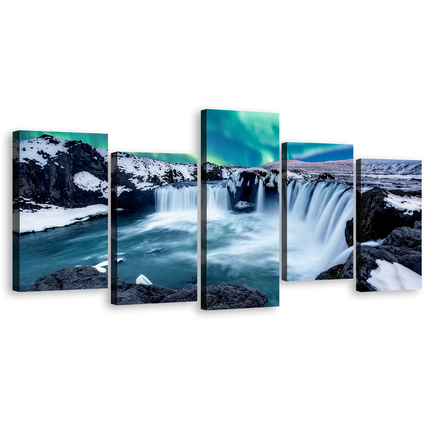 Northern Lights Canvas Wall Art, Blue Gofafoss Waterfall in Iceland Canvas Set, Skjalfandafljot River Waterfall 5 Piece Canvas Print