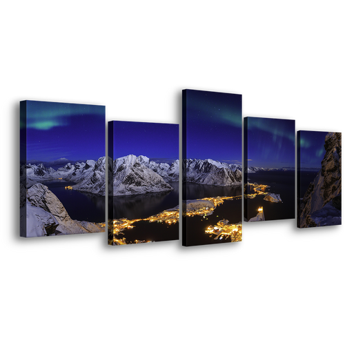 Northern Lights Canvas Wall Art, Blue Sky Aurora Seascape 5 Piece Canvas Print, White Snowy Mountain Village Multi Panel Canvas