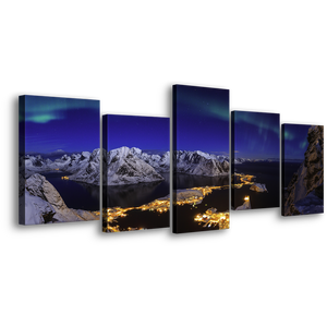 Northern Lights Canvas Wall Art, Blue Sky Aurora Seascape 5 Piece Canvas Print, White Snowy Mountain Village Multi Panel Canvas