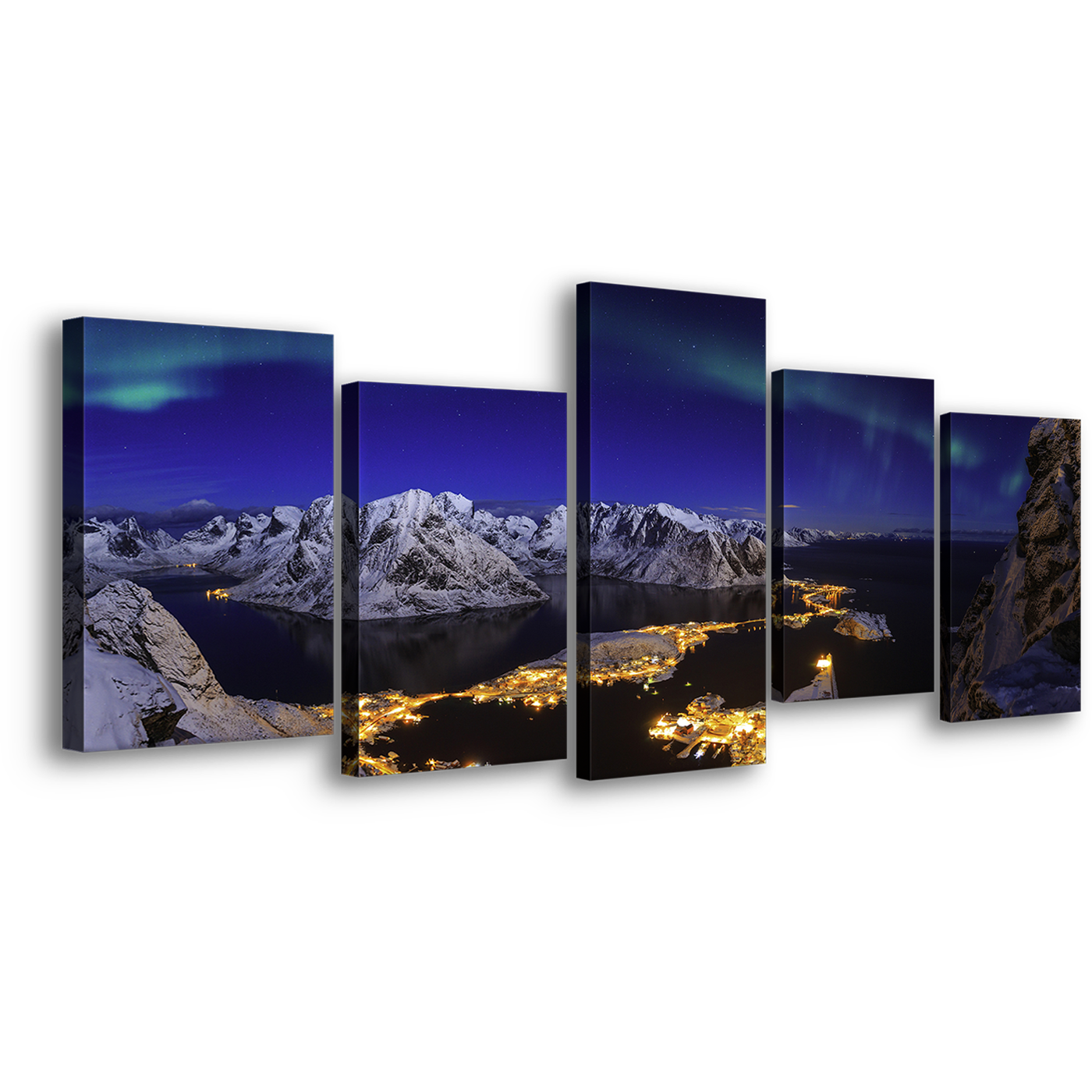 Northern Lights Canvas Wall Art, Blue Sky Aurora Seascape 5 Piece Canvas Print, White Snowy Mountain Village Multi Panel Canvas