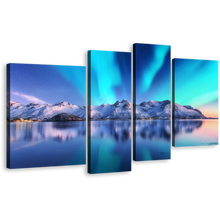 Load image into Gallery viewer, Northern Lights Canvas Wall Art, Blue Sky Lofoten Islands Ocean 4 Piece Canvas, Norway Winter White Mountains Canvas Print
