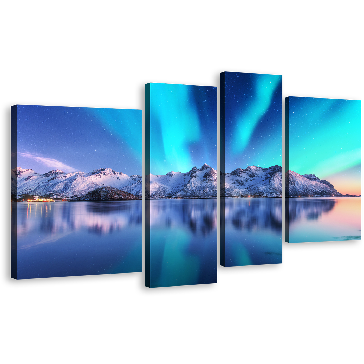 Northern Lights Canvas Wall Art, Blue Sky Lofoten Islands Ocean 4 Piece Canvas, Norway Winter White Mountains Canvas Print