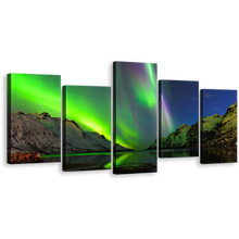 Load image into Gallery viewer, Northern Lights Canvas Wall Art, Dramatic Blue Starry Sky 5 Piece Canvas, Green Ersfjord Norway Aurora Canvas Print
