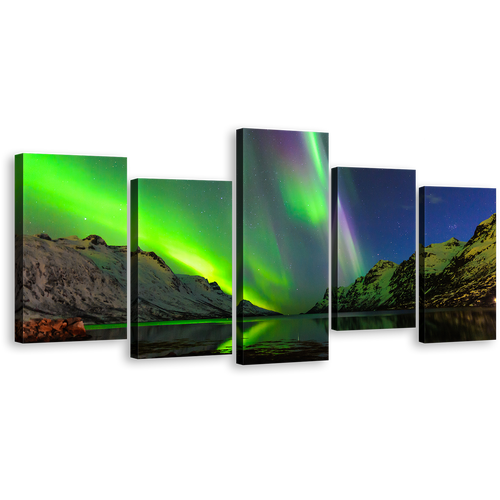 Northern Lights Canvas Wall Art, Dramatic Blue Starry Sky 5 Piece Canvas, Green Ersfjord Norway Aurora Canvas Print