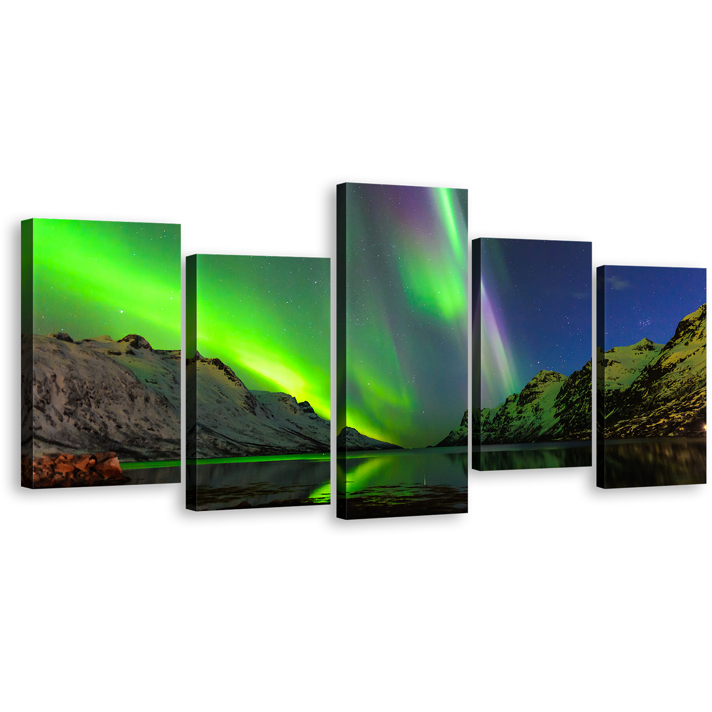 Northern Lights Canvas Wall Art, Dramatic Blue Starry Sky 5 Piece Canvas, Green Ersfjord Norway Aurora Canvas Print