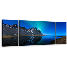 Load image into Gallery viewer, Northern Lights Canvas Wall Art, Grey Mountain Water Reflection 3 Piece Canvas Print, Blue Sky Coast Mountain Lake Triptych Multi Canvas
