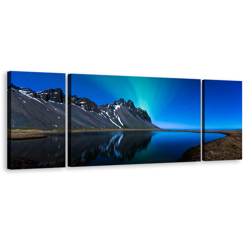 Northern Lights Canvas Wall Art, Grey Mountain Water Reflection 3 Piece Canvas Print, Blue Sky Coast Mountain Lake Triptych Multi Canvas