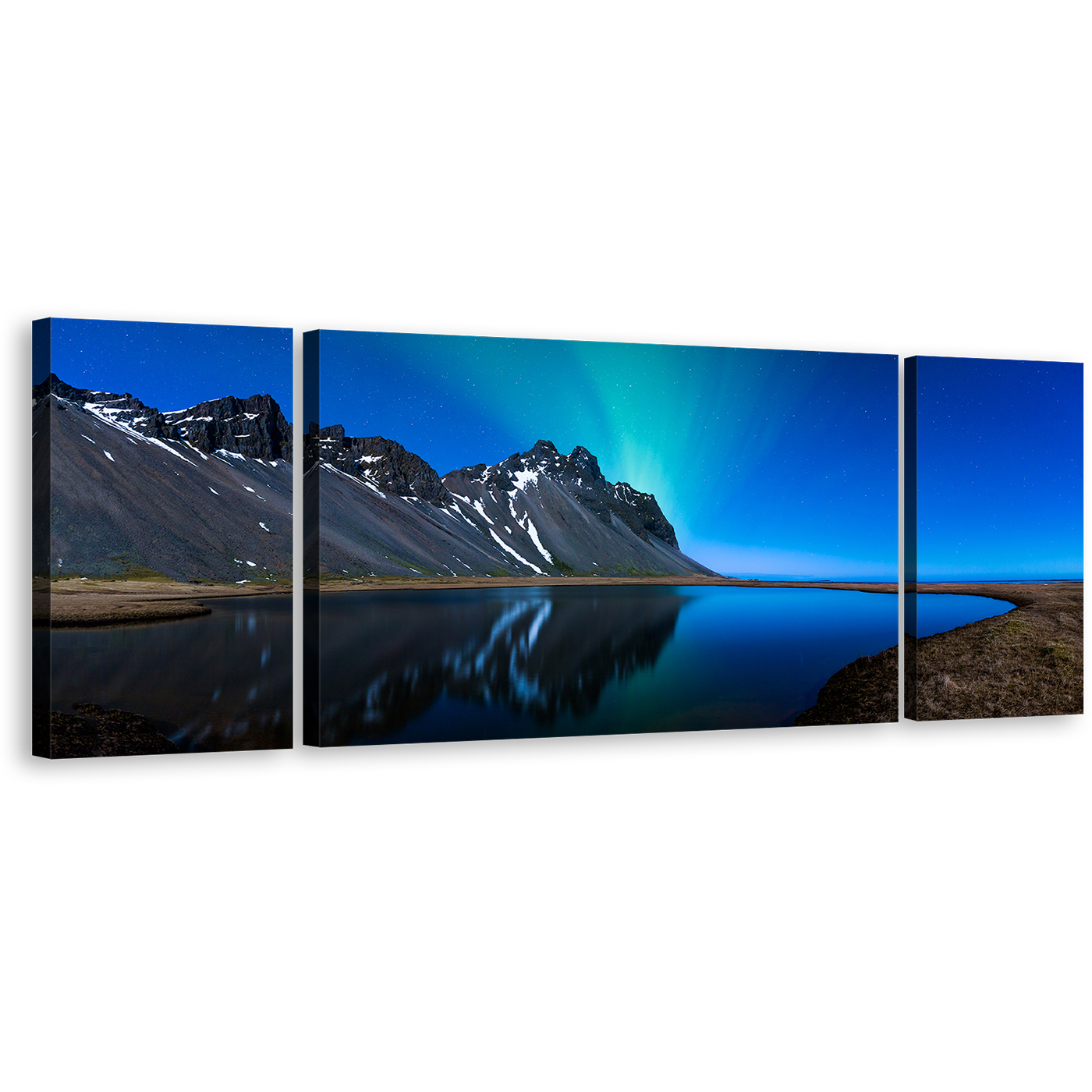 Northern Lights Canvas Wall Art, Grey Mountain Water Reflection 3 Piece Canvas Print, Blue Sky Coast Mountain Lake Triptych Multi Canvas