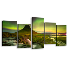 Load image into Gallery viewer, Northern Lights Canvas Wall Art, Yellow Green Sky Mountain River Waterfall Canvas Print, Kirkjufell Mountain 5 Piece Canvas
