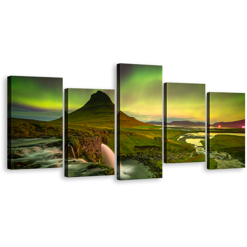 Northern Lights Canvas Wall Art, Yellow Green Sky Mountain River Waterfall Canvas Print, Kirkjufell Mountain 5 Piece Canvas