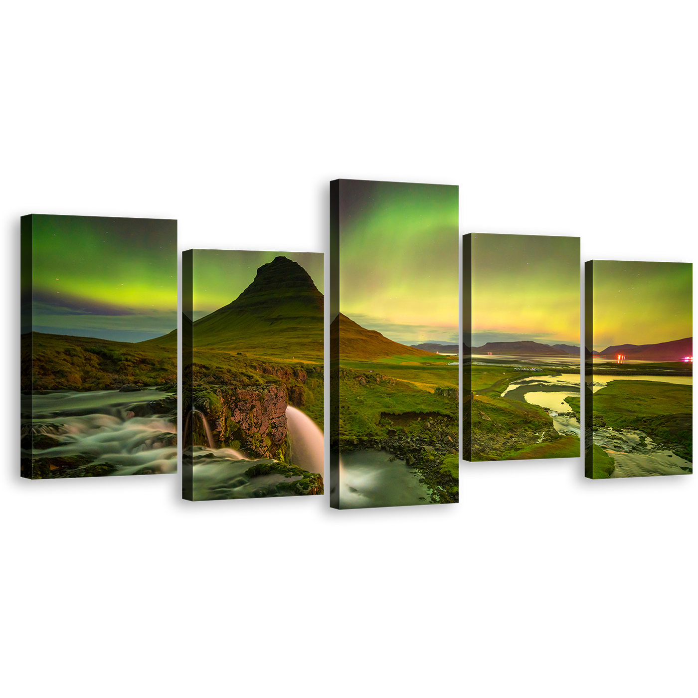 Northern Lights Canvas Wall Art, Yellow Green Sky Mountain River Waterfall Canvas Print, Kirkjufell Mountain 5 Piece Canvas