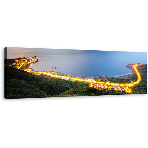 Northern Taiwan Canvas Wall Art, Beautiful Blue City Beach Panoramic Canvas, Gold Morning Seashore Highway Mountains 1 Piece Canvas Print