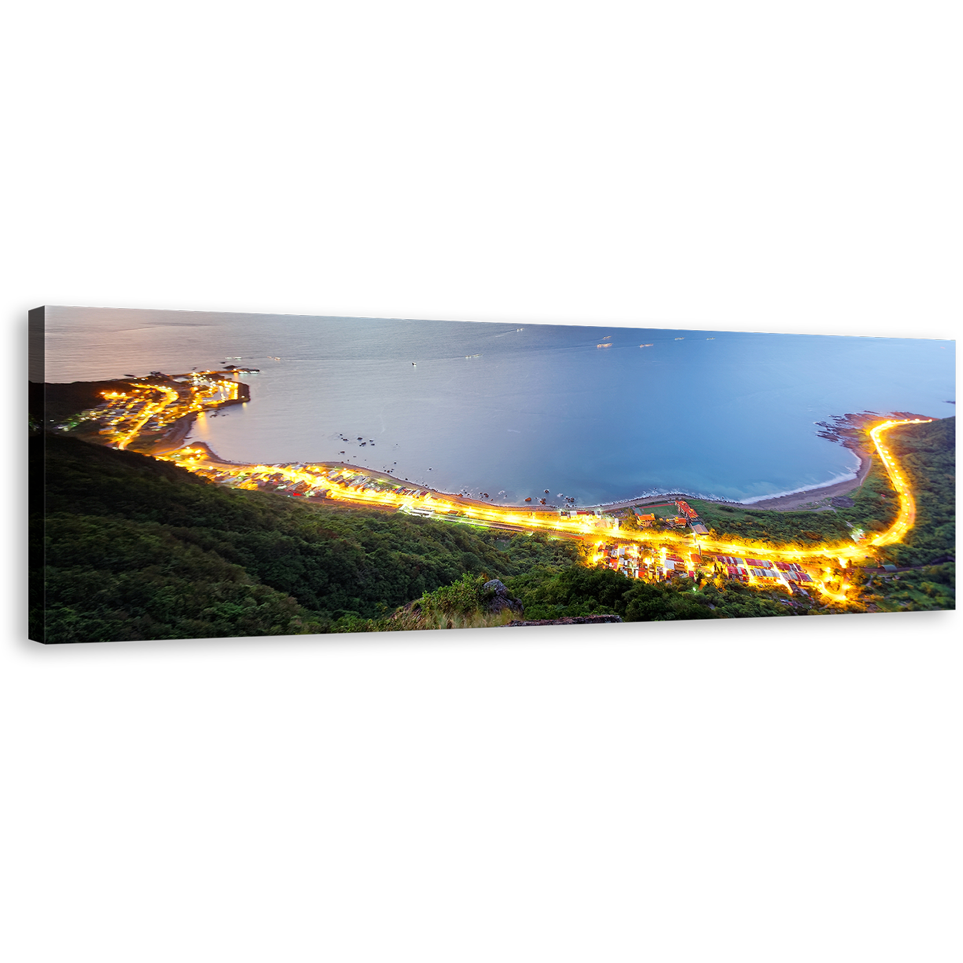 Northern Taiwan Canvas Wall Art, Beautiful Blue City Beach Panoramic Canvas, Gold Morning Seashore Highway Mountains 1 Piece Canvas Print