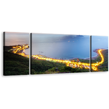 Load image into Gallery viewer, Northern Taiwan Canvas Wall Art, Gold Morning Seashore Highway Mountains 3 Piece Multi Canvas Artwork, Beautiful Blue City Beach Canvas Print
