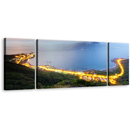 Northern Taiwan Canvas Wall Art, Gold Morning Seashore Highway Mountains 3 Piece Multi Canvas Artwork, Beautiful Blue City Beach Canvas Print