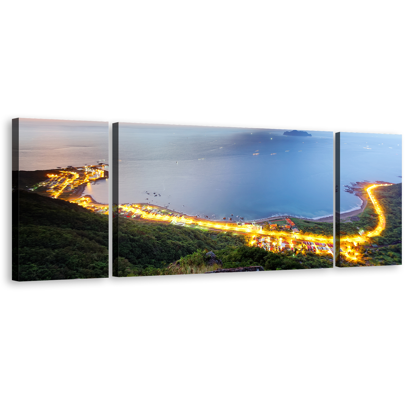 Northern Taiwan Canvas Wall Art, Gold Morning Seashore Highway Mountains 3 Piece Multi Canvas Artwork, Beautiful Blue City Beach Canvas Print