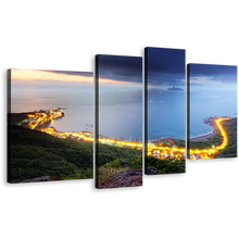 Load image into Gallery viewer, Northern Taiwan Canvas Wall Art, Gold Morning Seashore Highway Mountains 4 Piece Canvas Print, Beautiful Blue City Beach Multiple Canvas
