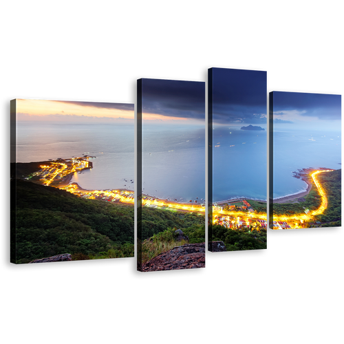 Northern Taiwan Canvas Wall Art, Gold Morning Seashore Highway Mountains 4 Piece Canvas Print, Beautiful Blue City Beach Multiple Canvas