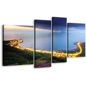 Northern Taiwan Canvas Wall Art, Gold Morning Seashore Highway Mountains 4 Piece Canvas Print, Beautiful Blue City Beach Multiple Canvas
