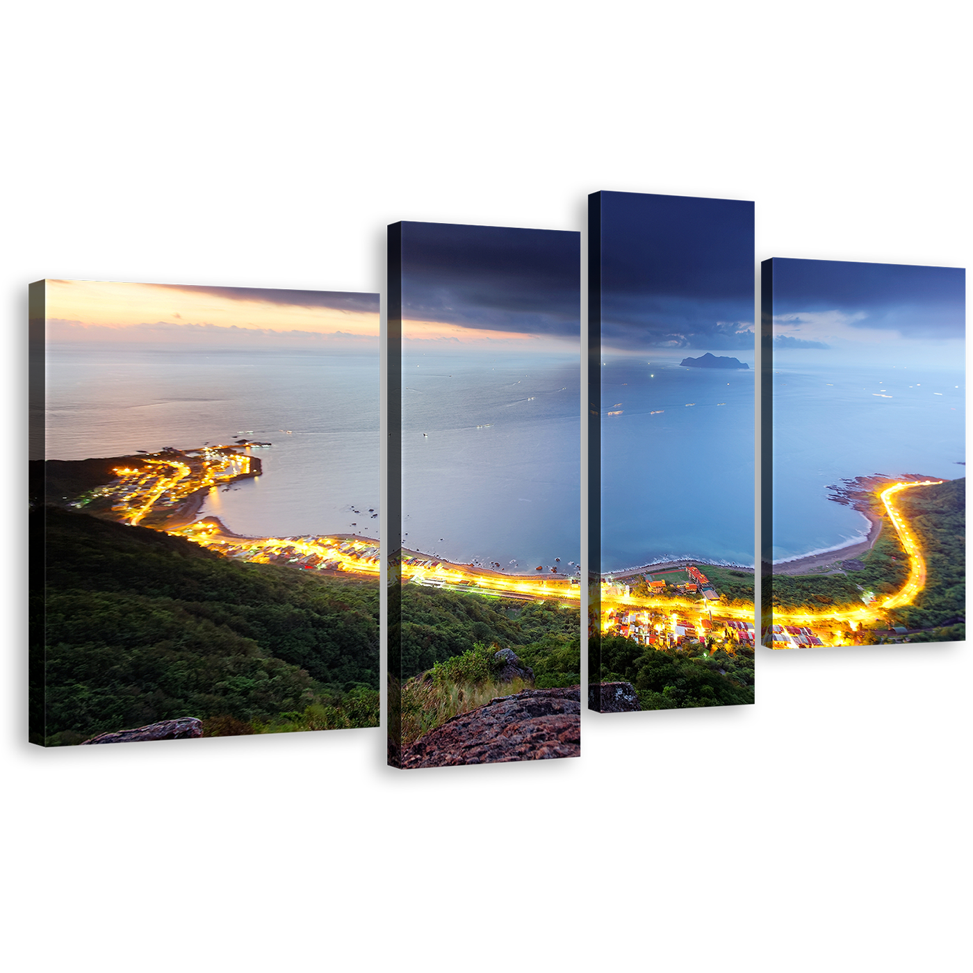 Northern Taiwan Canvas Wall Art, Gold Morning Seashore Highway Mountains 4 Piece Canvas Print, Beautiful Blue City Beach Multiple Canvas