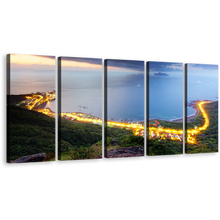 Load image into Gallery viewer, Northern Taiwan Canvas Wall Art, Gold Morning Seashore Highway Mountains Canvas Print, Beautiful Blue City Beach 5 Piece Multi Canvas
