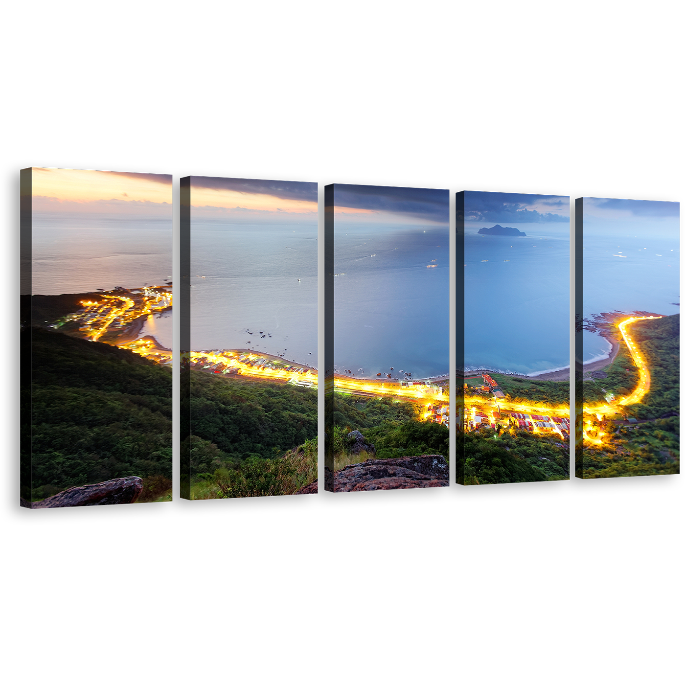 Northern Taiwan Canvas Wall Art, Gold Morning Seashore Highway Mountains Canvas Print, Beautiful Blue City Beach 5 Piece Multi Canvas