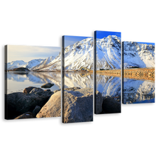 Load image into Gallery viewer, Norway Archipelago Canvas Print, Blue Sky Lofoten Island Wall Art, White Snowy Mountain River 4 Piece Multi Canvas
