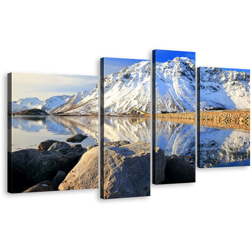 Norway Archipelago Canvas Print, Blue Sky Lofoten Island Wall Art, White Snowy Mountain River 4 Piece Multi Canvas