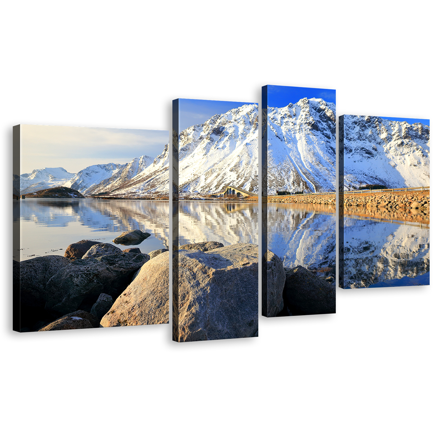 Norway Archipelago Canvas Print, Blue Sky Lofoten Island Wall Art, White Snowy Mountain River 4 Piece Multi Canvas